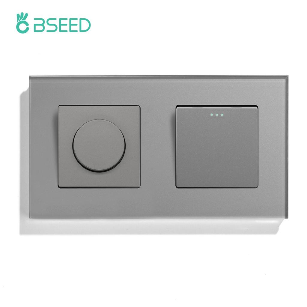 BSEED Mechanical Dimmer Fan Switch With 1/2/3Gang Wall Light Switches EU Socket USB Type-c Power Ports  2.1A Glass Panel