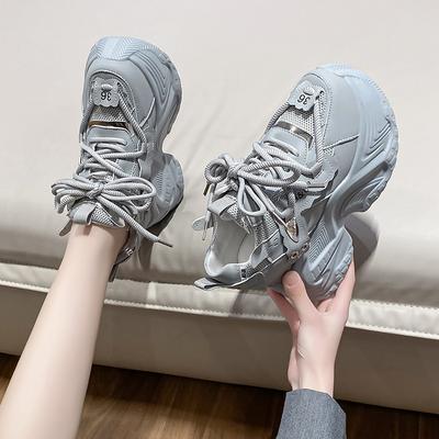 10CM Mode Damen Sneaker Frühling Schnürschuhe Hohe Plateau Chunky Schuhe Atmungsaktive Laufschuhe Keilabsätze Freizeit Sportschuhe