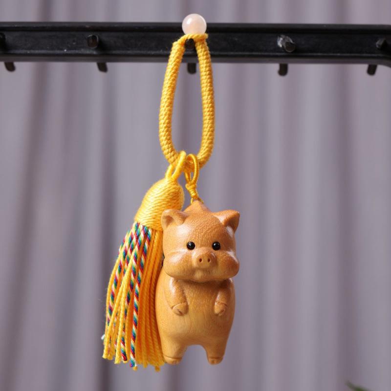 Violet Peach Wood Pig Pendant Keychain Ornament