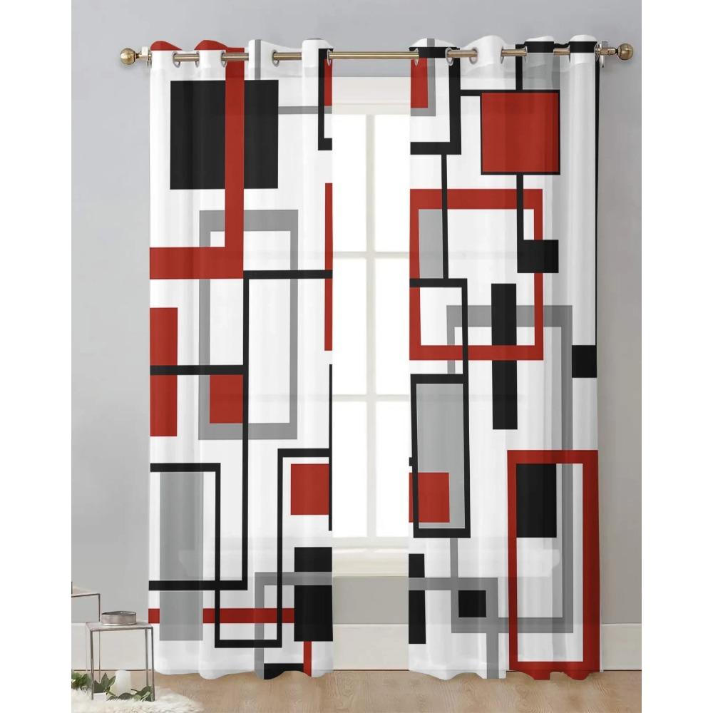 Nordic Retro Medieval Geometric Abstract Red Translucent Drapes for Living Room Decoration Window Opening Curtain Kitchen Area Tulle Voile Curtains