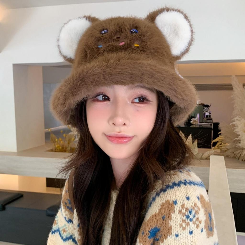 Women's Cute Bear Ears Plush Fisherman Hat, Autumn/Winter Warm Beanie with Ear Protection, Large Head Circumference.