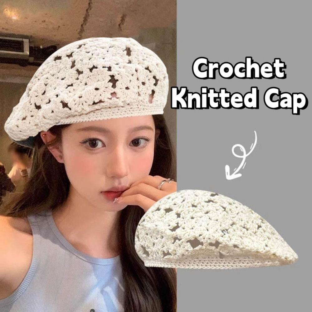 Japanese Style Flower Hat Breathable Crochet Knitted Cap Brimless Hollowed Out Beret  Holiday