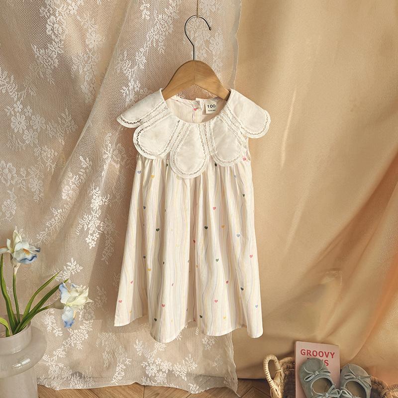 Girls Summer Sleeveless Dress Colorful Striped Heart Print Petal Collar Sweet Princess Party Dress For Kids 90cm