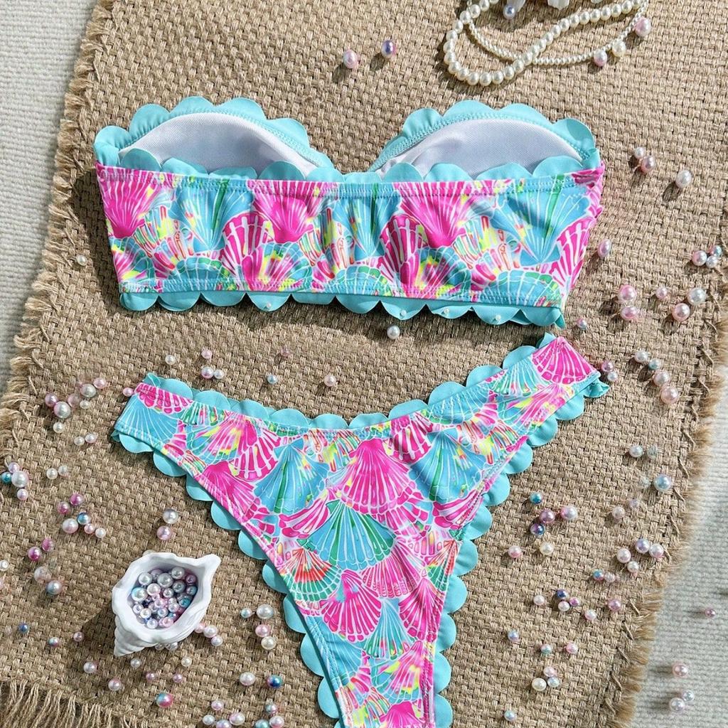 Women's Printed Bikini Set Lace Trimmed, Strapless Bandeau Swimsuit