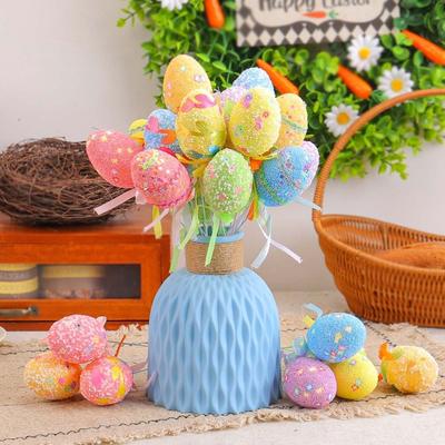 Lot de 6 pièces Mousse Fleur d'Œuf Peinture Colorée DIY Arbre d'Œufs de Pâques Branche Œuf Artificiel Œuf de Résurrection Décoration d'Œuf