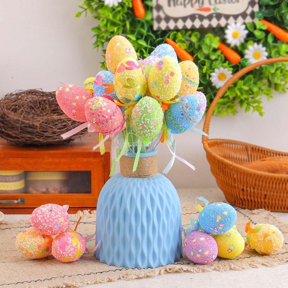 6pcs Foam Artificial Easter Eggs Stem DIY Crafts Simulation Egg Ornament  Happy Easter Decorations