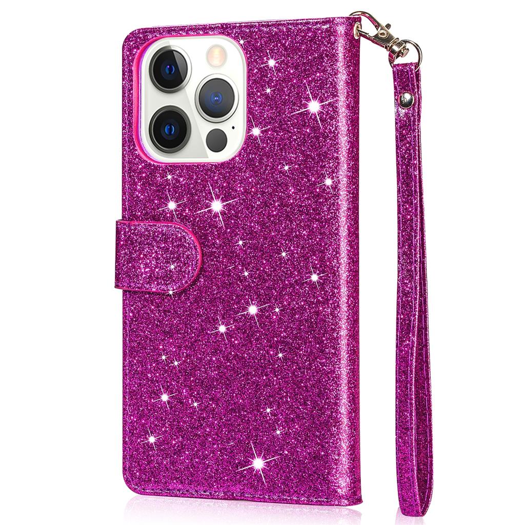 Etui z podstawką z brokatem na iPhone 16 Pro, skórzany pokrowiec na telefon z kieszonką na zamek błyskawiczny