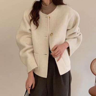Yousheng Fall Winter Women Jacket Crew Neck Single-breasted with Side Pockets Loose Short Type Woolen Jacket Shopping Commuting Daily Coat