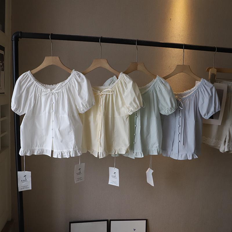 2025 Summer Korean Sweet Lace Trim Babydoll Top - Women's Short Sleeve Shirt