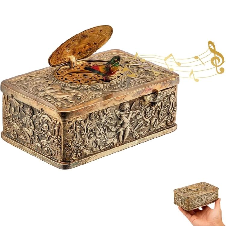 Kolekcjonerska Mechaniczna Pozytywka z Śpiewającym Ptakiem z Wytłaczanymi Motywami Liści 3D Antyczny Stop Nakręcana Dekoracja na Specjalne Wydarzenie