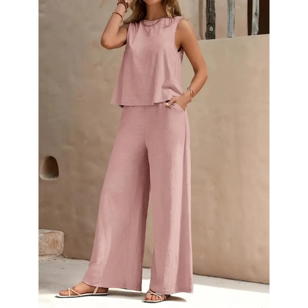 Women's Loose Fit Two Piece Outfit Sleeveless Tank Top Elastic Waist Wide Leg Pantsuit