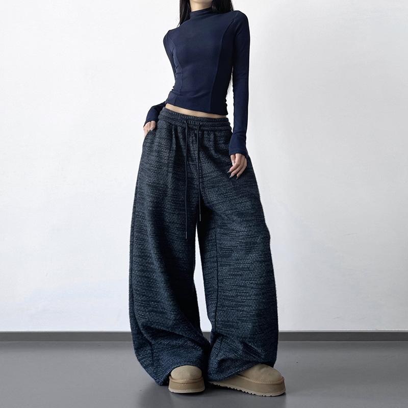 

Women s Winter Tie-Dye High Waist Knitted Straight Pants - Casual American Style Large темно-синий