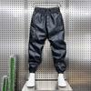 Men Pants Faux Leather Elastic Waist Windproof Waterproof Ankle-banded Patchwork Solid Color