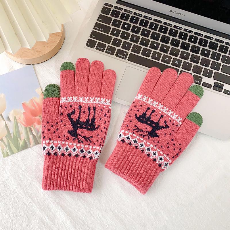Damen Winter Warme Touchscreen Handschuhe - Dickes Samtstrick mit Niedlichem Elchmuster für Outdoor Radfahren
