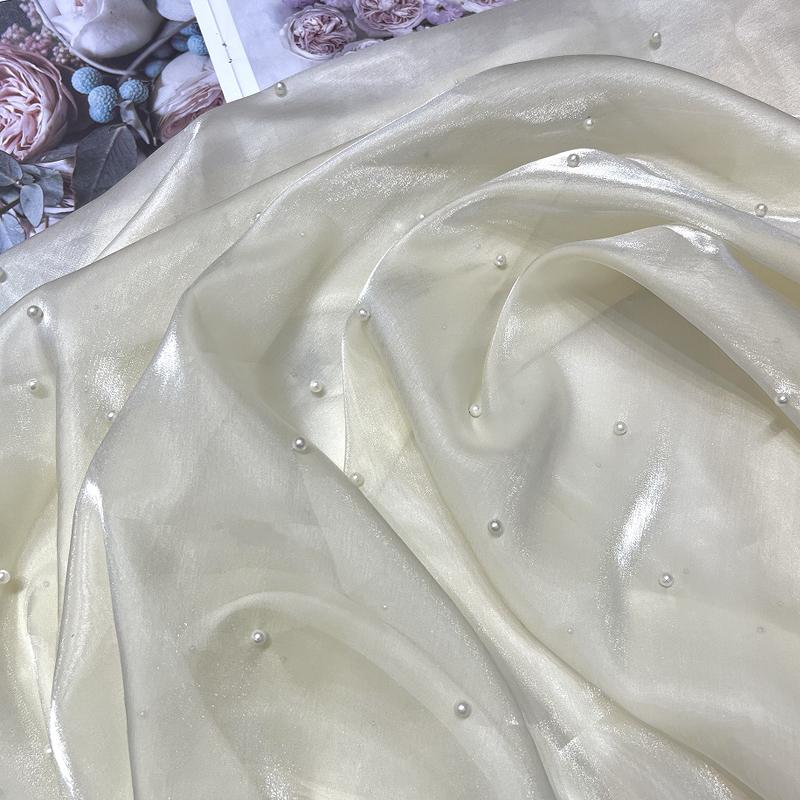 90x150cm Faux Pearl Organza Fabric for Dress Wedding DIY Sewing Bead Gauze Glossy Cloth Needlework Cloth Smooth Soft Material