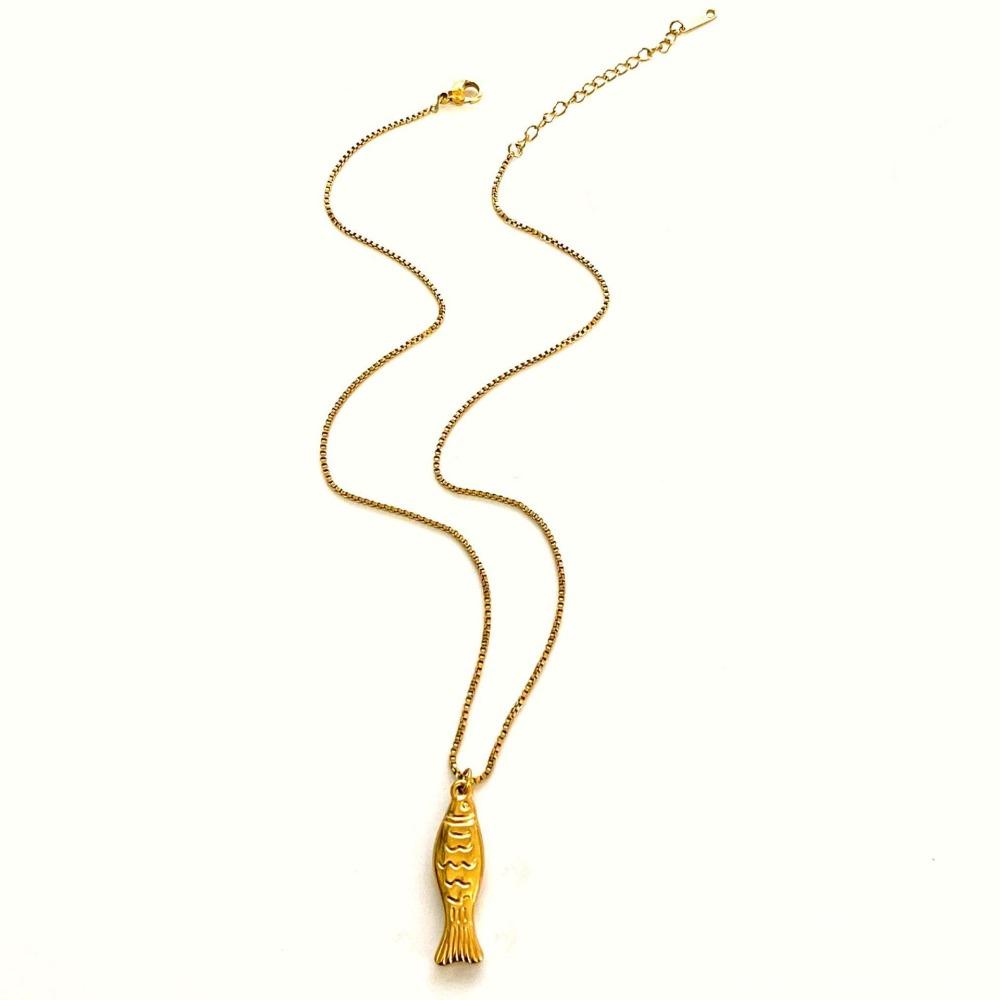 Gold Fish Pendant Necklace Stainless Steel Ocean Style Beach Chain Choker  Summer