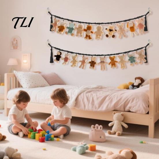 Stuffed Animal Hanging Rack Doll Cotton Storage Chain, Wall Mounted Organizer with Display Strap Metal Clips, Boho for Kids Room And