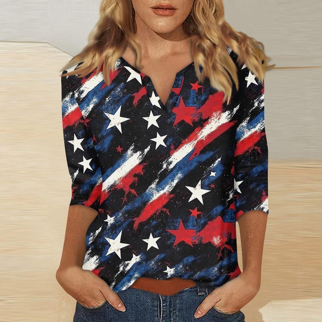 Womens V Neck 3 Quarter Sleeve Independence Day Print Shirt Casual Loose Fit Patriotic Top for Summer and Fall