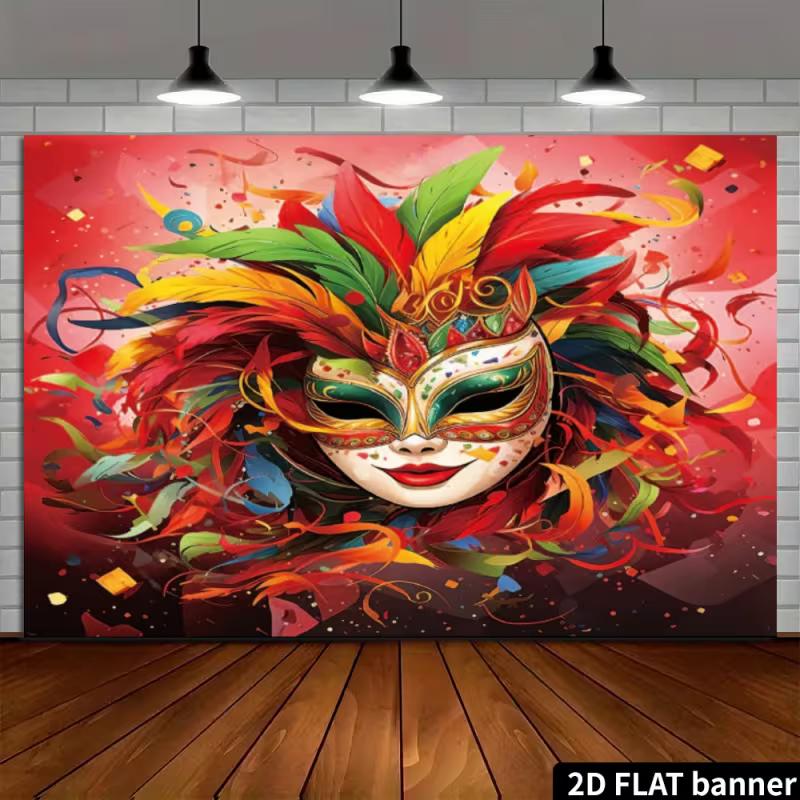 2D Carnival Mask Backdrop - Vibrant Feather Mask Banner for Mardi Gras & Costume Party Photoshoot