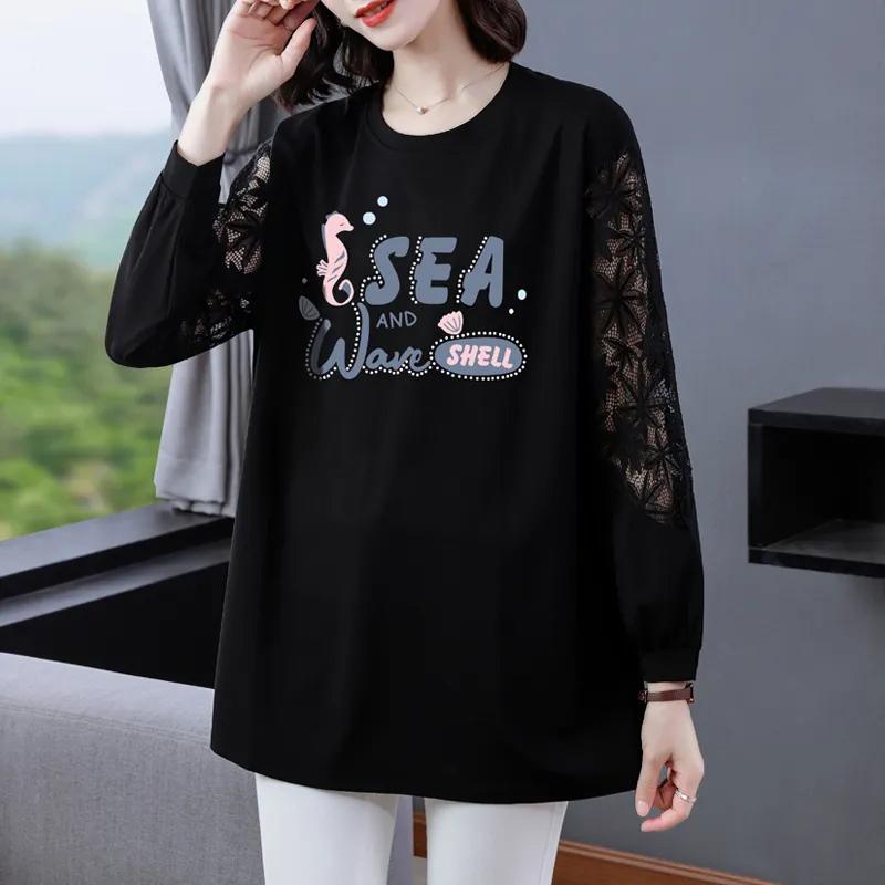 Tops Women's Fall and Winter Lace Hollow Loose Round Neck  Ing Shirt Simple Large Size Pullover Tops