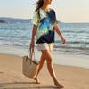 Women's Short Sleeve Linen Cotton Blend Shirt Henley Button Neck Chest Pocket Fashion Abstract Print Casual Top