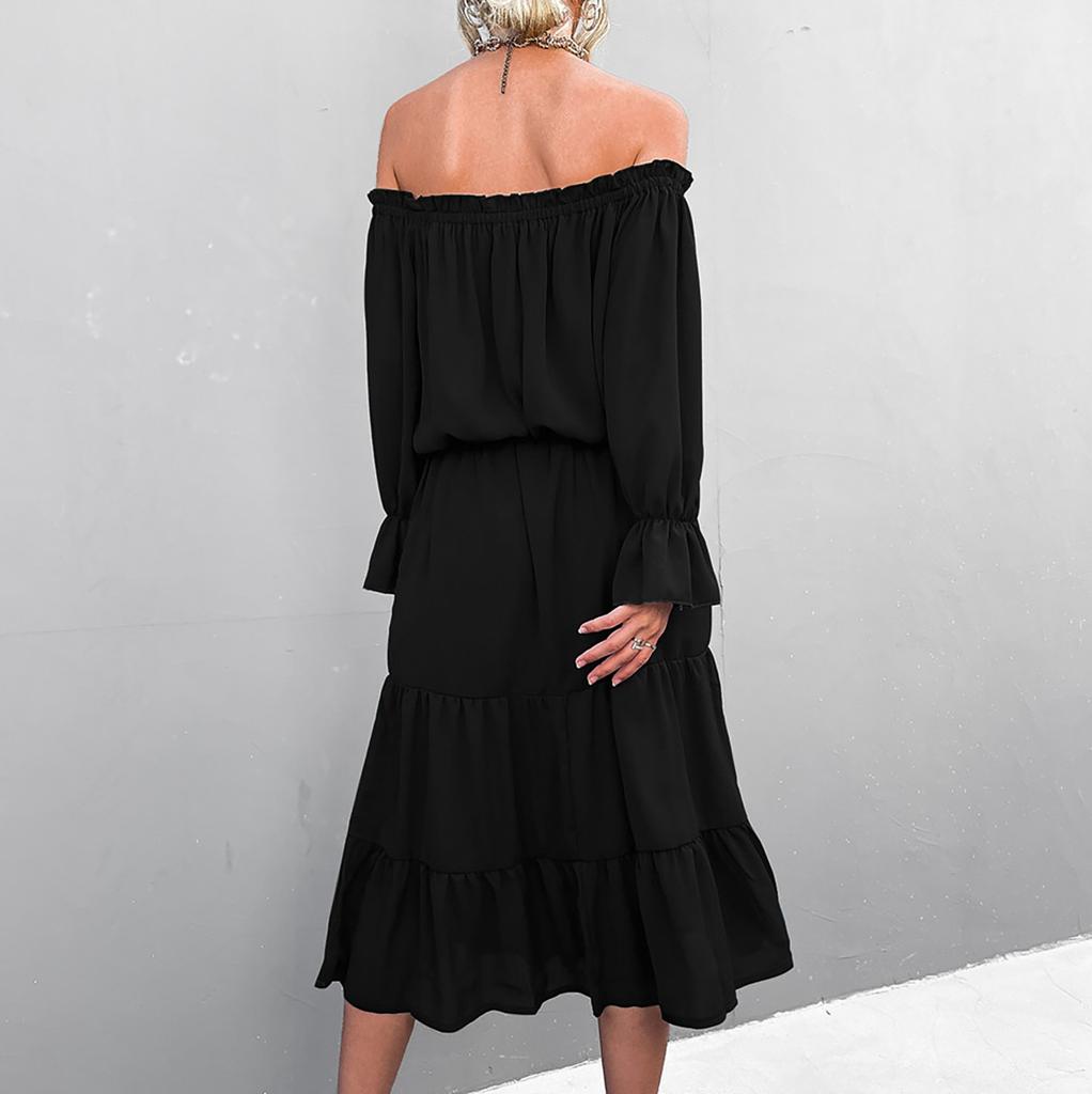Women's Sexy Off Shoulder Lace-Up Long Sleeve Dress Midi Dress