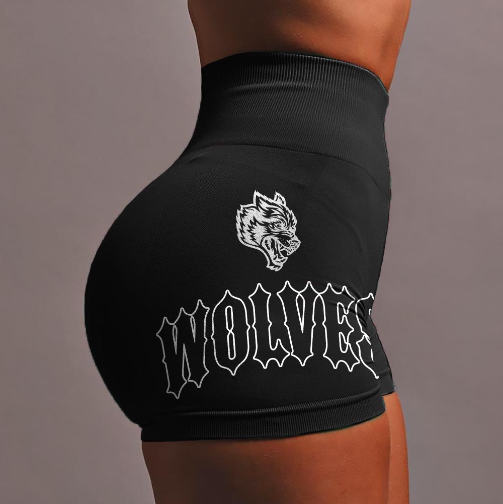 Nahtlose High-Waist Yoga-Shorts - Damen Elastisches Wolfskopf-Design