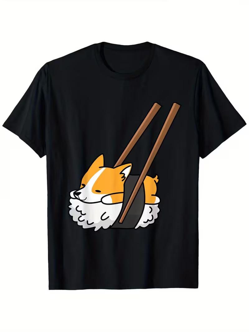 Funny Sushi Corgi T-Shirt - Black with White & Orange Japanese Anime-Inspired Do S разноцветный