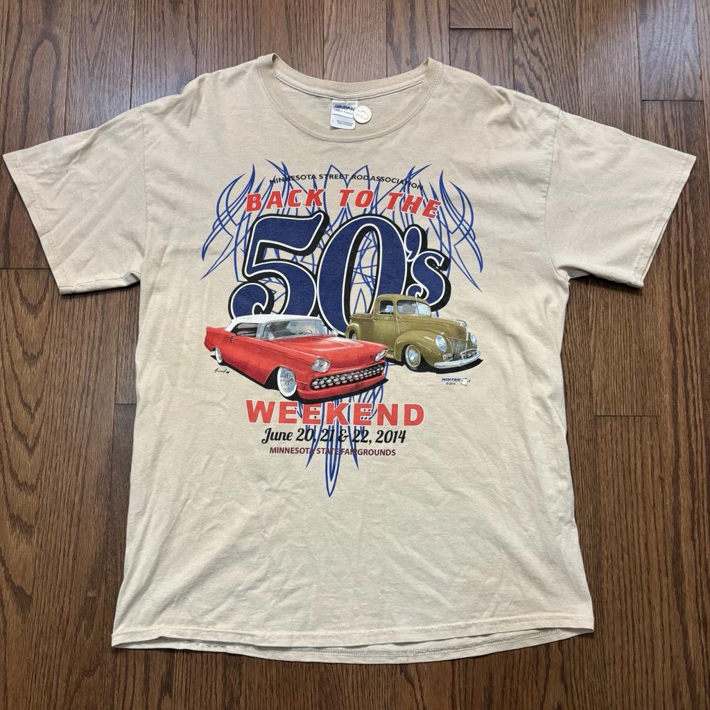 Maglietta Vintage Y2K da Corsa NASCAR Hot Rod F1 Uomo Taglia L Beige Sabbia Jdm Low Rider