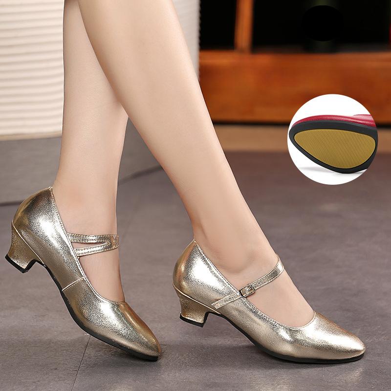 Ladies Sports Wide Full Rubber Sole Latin Dance Shoes Women Adults Mid-high Heels Soft Bottom Square Leather Dance Shoes Red