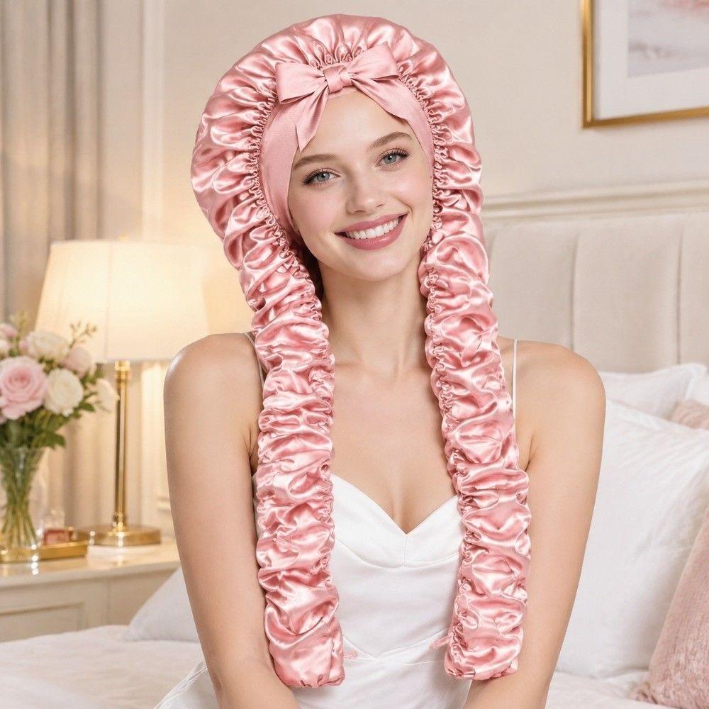 Lightweight Satin Sleep Cap Adjustable Ribbon Tie Ruched Long Tube Hair Cap Hair Protection