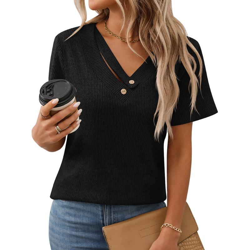 Summer Women's Knitted Corrugated V-neck Button T-shirt Short-sleeved Top