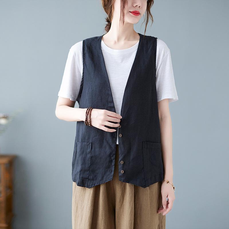 2026 Summer Women's Solid Color Sleeveless Cotton Linen V-Neck Vest