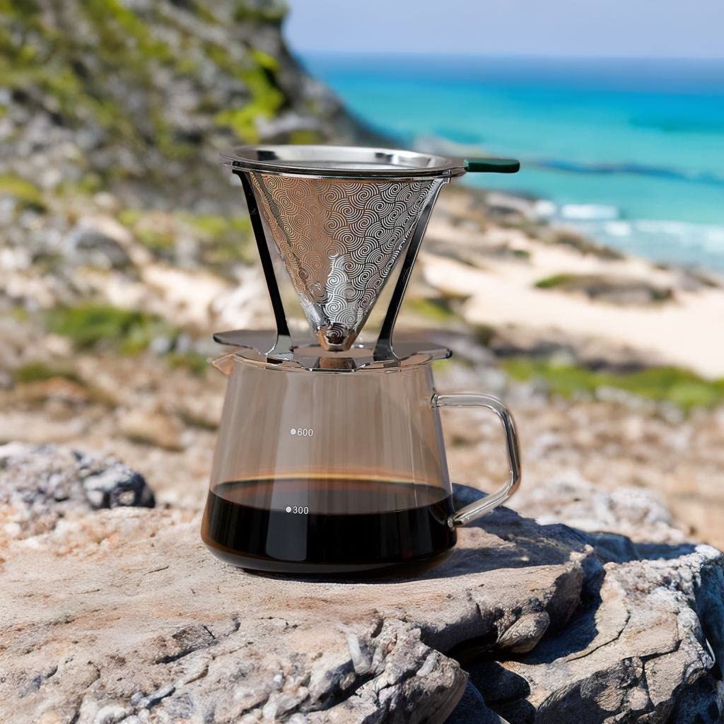 Cnuben Coffee Dripper [V60 Design] Snap-on Stainless Steel Filter, Double-Layer Paperless Filter, V60, 1-2 Cups