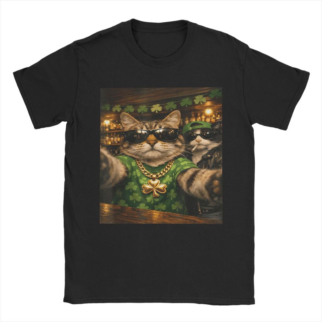 St Patricks Day Cat Selfie with Leprechaun Funny Photo T Shirt Beach Cotton T Shirts For Unisex Harajuku Casual Tee Shirt
