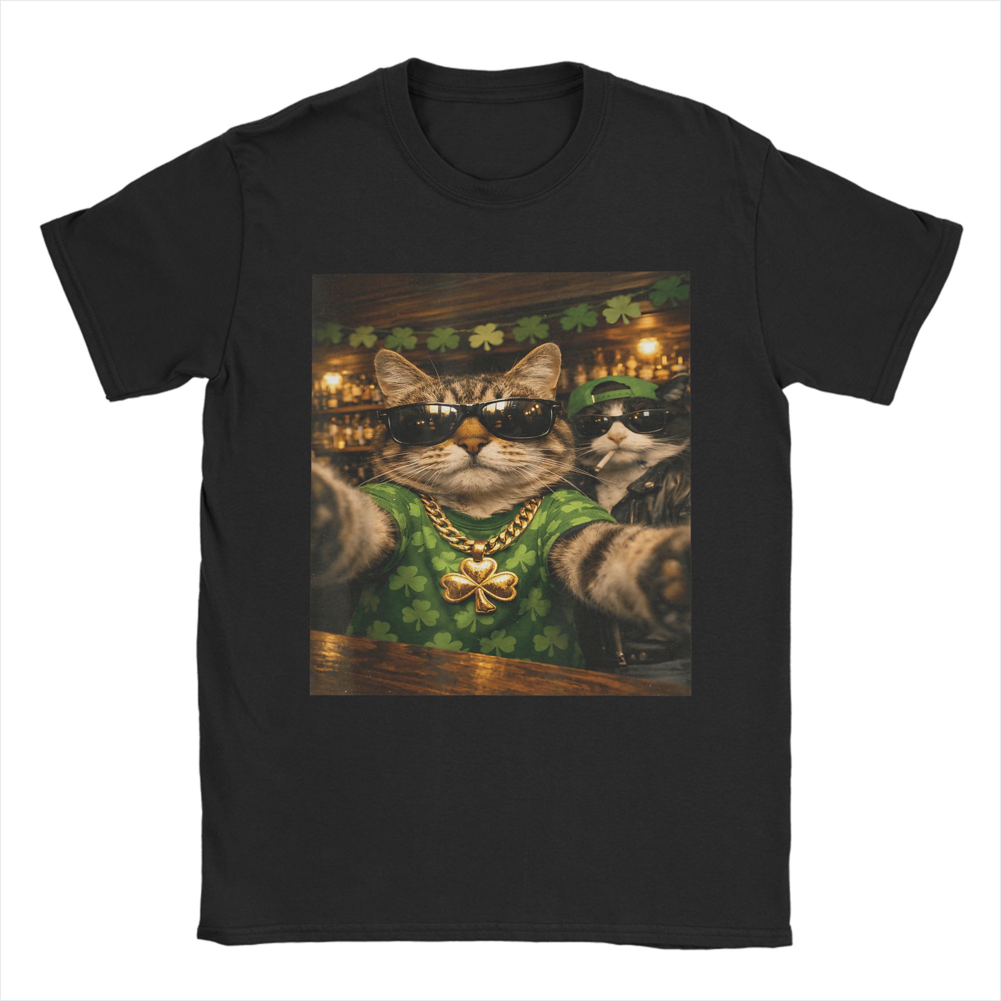 Unisex Funny St Patricks Day Cat Selfie Leprechaun St Patricks T Shirts Cotton Tops Novelty Short Sleeve Crew Neck Tee Shirt S