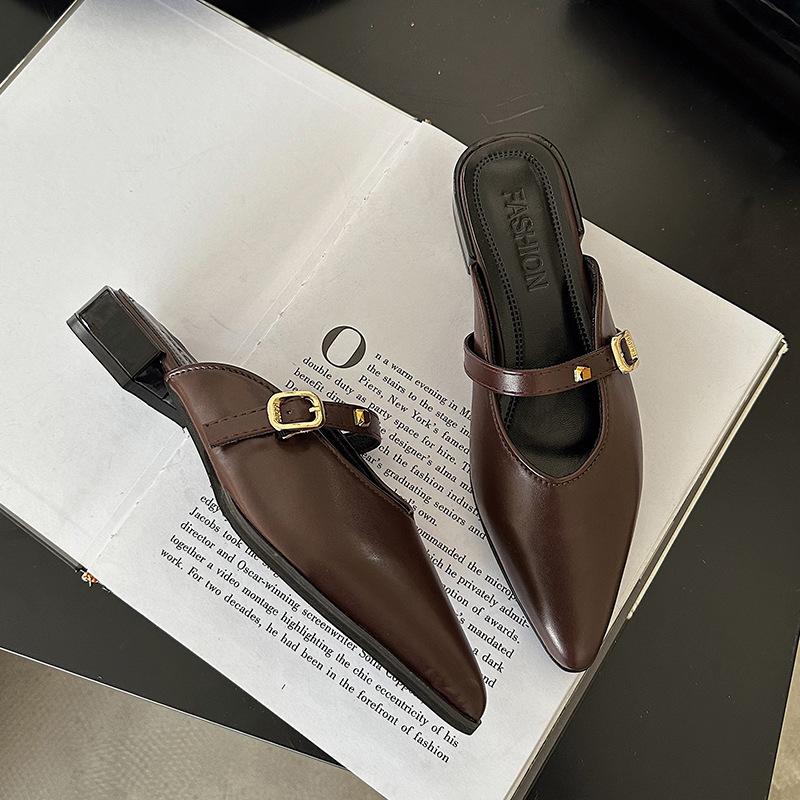 

Baotou half slippers women s medium heel 2025 new sandals women s summer wear soft leather half tray single shoes pointed Mueller shoes 40 темно-коричневого