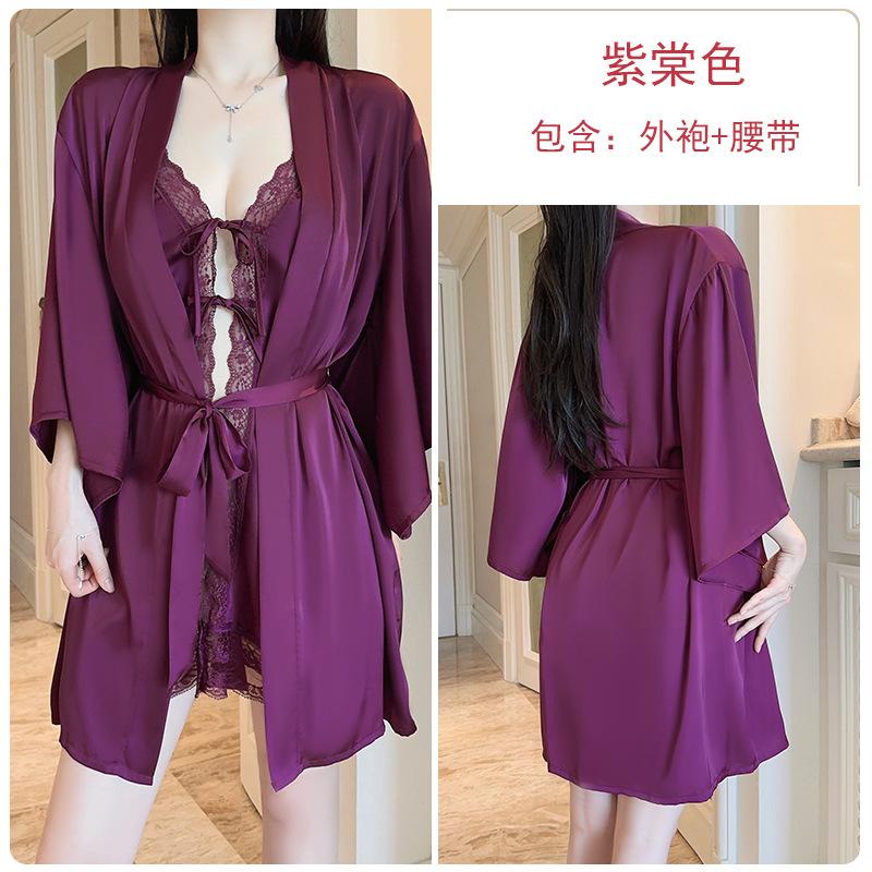 Women's Silky Satin Slit Comfy Padded Cami Dress with Robe Lounge Set