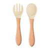 Child's Wooden Handle Silicone Fork & Spoon Set for Learning to Eat