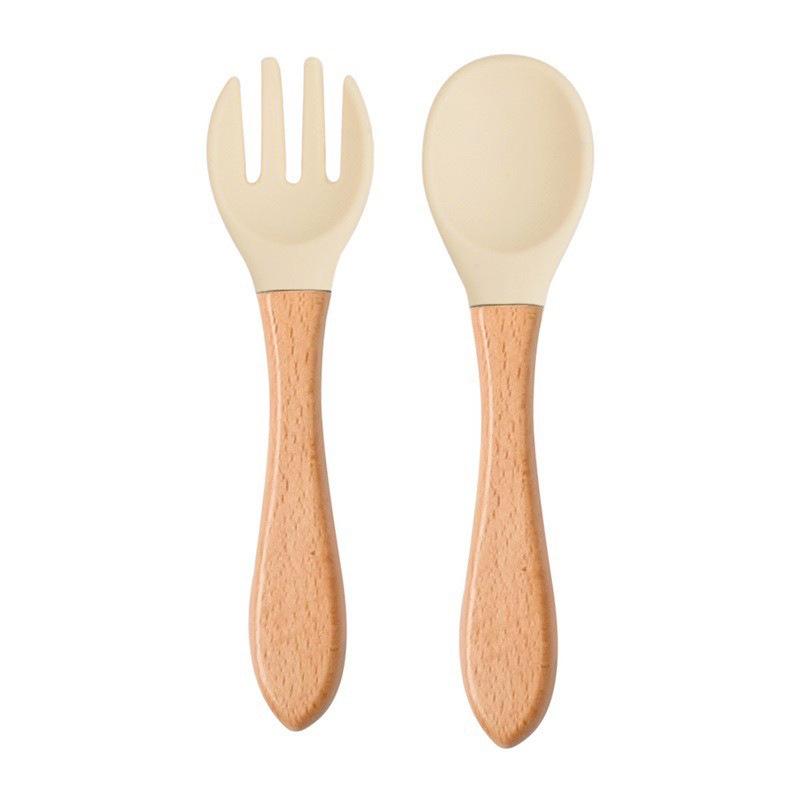 Child's Wooden Handle Silicone Fork & Spoon Set for Learning to Eat