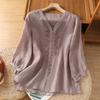 1116 Summer New Light and Comfortable Embroidered Shirt Women's Loose and Thin V-neck Five-quarter-sleeved Cotton and Linen Cardigan