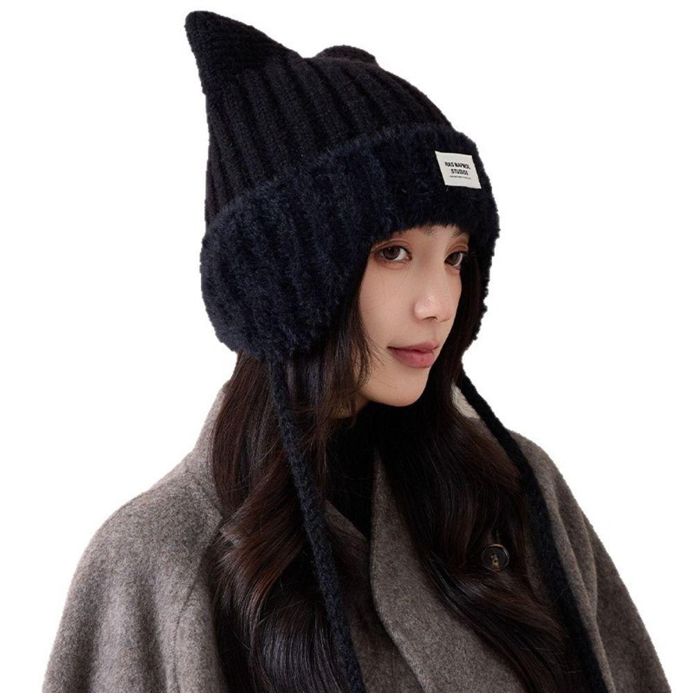 Polyester Cat Ear Knitted Hat 56cm To 58cm Head Circumference Warm Trapper Hat Casual Use