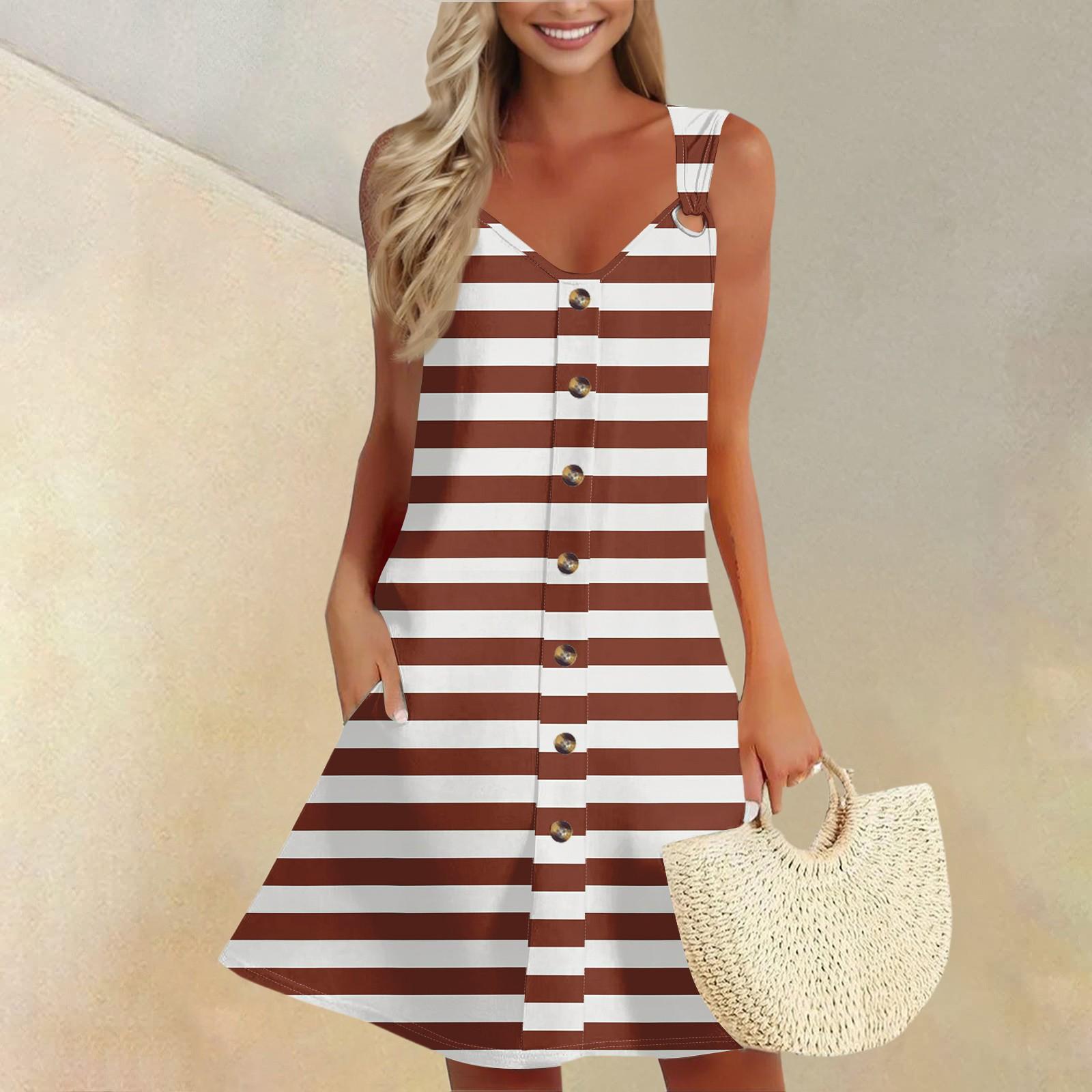 

Жіноча літня сукня з кишенями без рукавів Весняний сарафан у смужку з принтом S