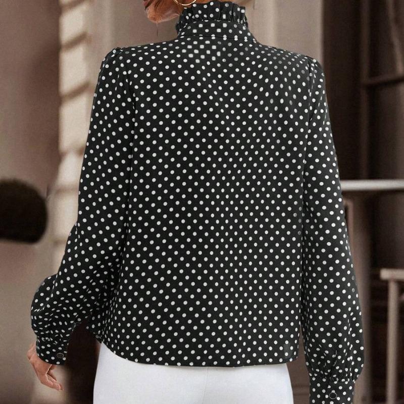 Spring Vintage Lace Ruffled Stand Collar Fashion Polka Dot Shirts Women Long Sleeve Slim Fit Elegant Casual Blouses Women Simple Chic Shirt Tops 26488