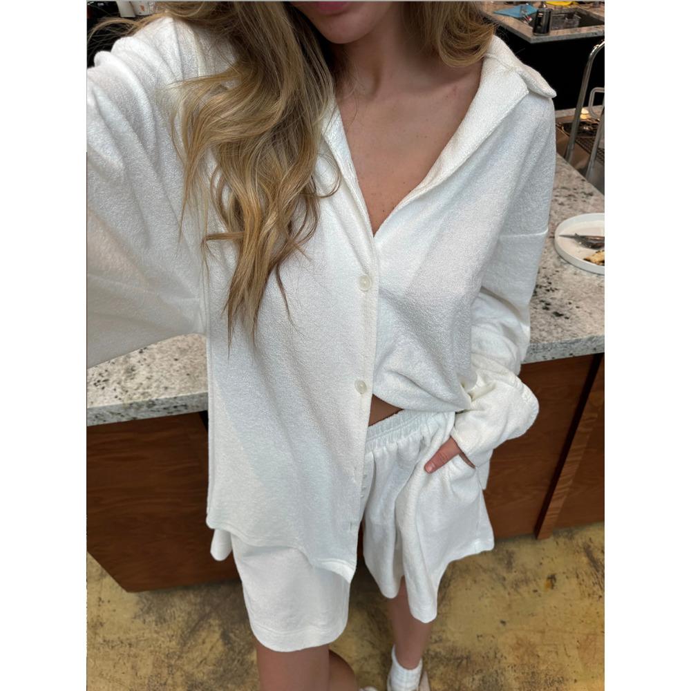 

Мягкие свободные комплекты Hirsionsan для женщин 2025 года, повседневные комплекты из двух предметов, блузка с длинным рукавом и шорты, домашняя одежда L белый