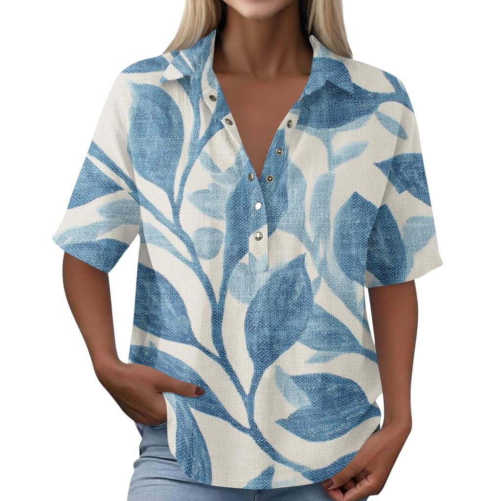 Damen Vintage Blumenprint Kurzarmhemd Lockerer Schnitt Knopfleiste Kragen Freizeitbluse Leichtes Atmungsaktives Gewebe