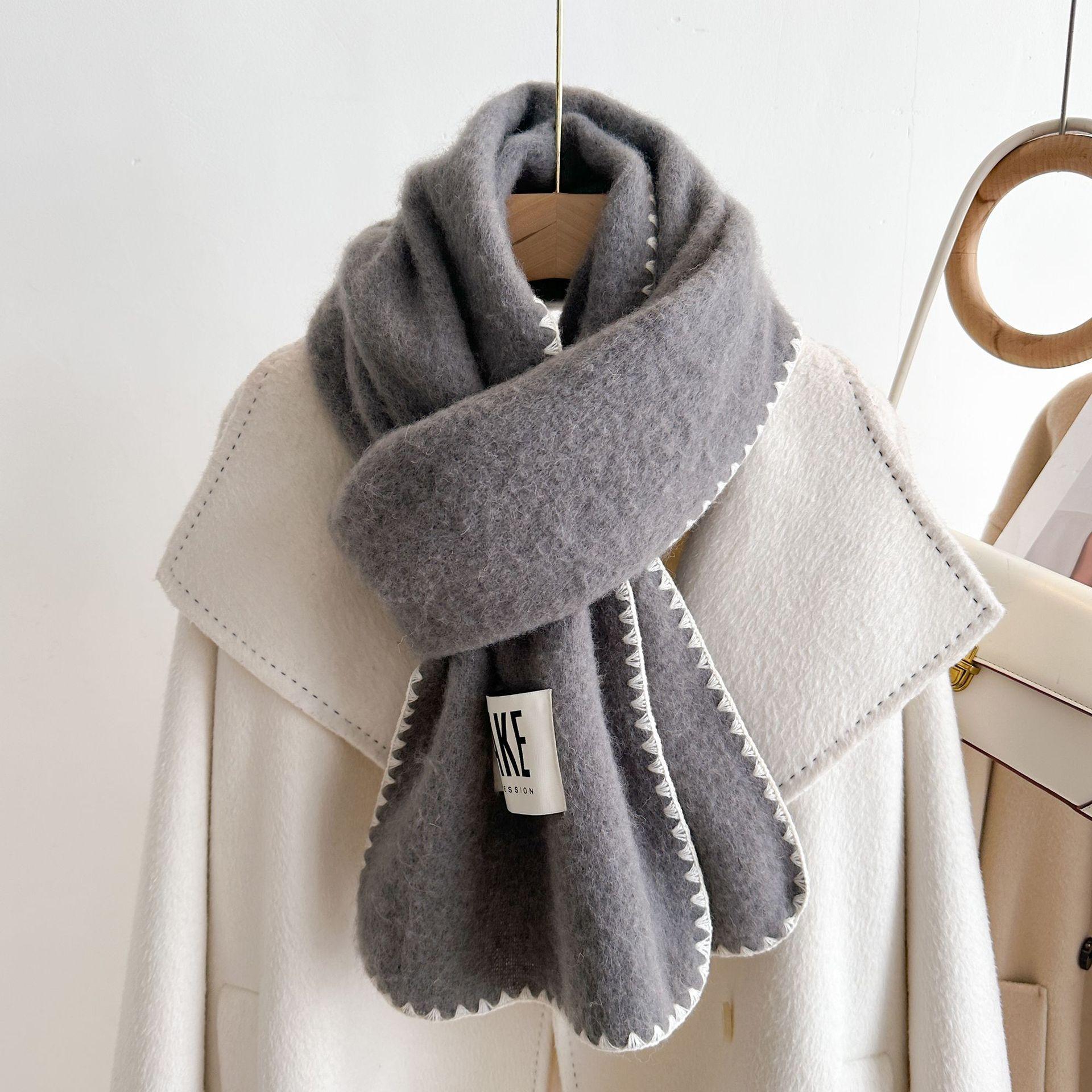 

With Wool Overlock Pink Scarf for Women Winter Korean Atmosphere Thickened Warm High End Soft Waxy and Versatile Scarf 190*30cm