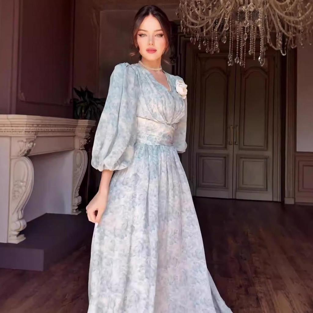 2024 Herbst Europäischer & Amerikanischer Damen Sanfter Stil Print Taillenbetontes Schlankmachendes Kleid