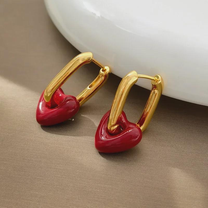 High-Grade Wine Red Heart Necklace & Earrings - Copper Plated, Real Gold, Simple Hong Kong Style Clavicle Chain