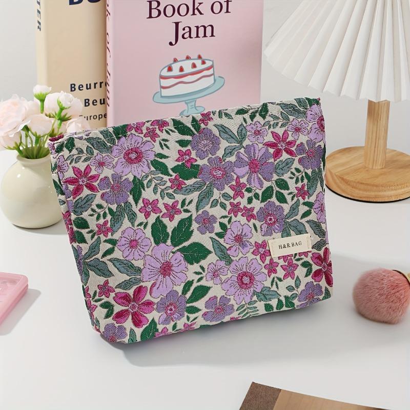 

Large Capacity Cosmetic Bag with Purple Flower Print, Travel Makeup Organizer & Brush Pouch, Wash Bag Gift for Women Students